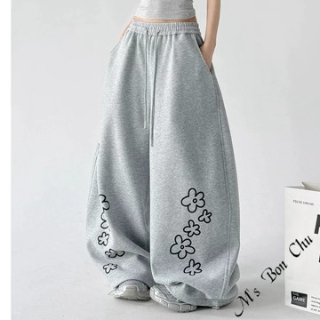 刺繡花朵棉質寬褲【5880】韓系INS休閒百搭個性慵懶寬鬆復古中高腰落地褲棉質寬褲 顯瘦寬褲 闊腿褲 BonChu