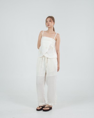 白色荷葉邊亞麻長褲