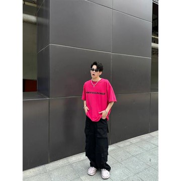 國潮牌純棉美式復古玫紅色火龍果字母短袖t恤男女設計感小眾上衣F