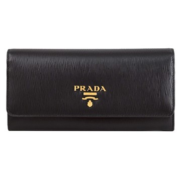 PRADA 1MH132 浮雕LOGO水波紋翻蓋雙扣式長夾.黑