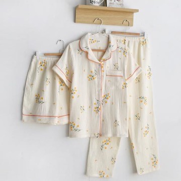 優雅印花睡衣女式春夏季純棉紗布薄款短袖短褲長褲家居服三件套裝