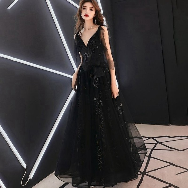 ロング丈パーティードレス演奏会結婚式ワンピース二次会フォーマルドレスレースお呼ばれフレアaラインおしゃれ黒花柄 通販 Lineポイント最大get Lineショッピング