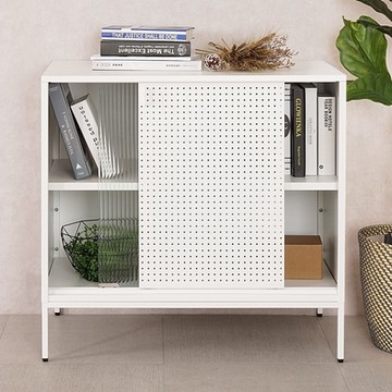 Homelike 喜家居鋼製滑門玻璃置物櫃-弦月白(2240)-80x45x76cm