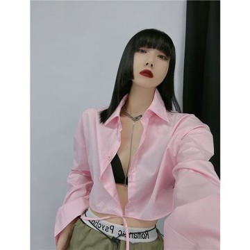 SHUISHUI 美式辣妹綁帶短款粉色襯衫女寬松休閑長袖襯衣