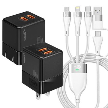 HANG Gan氮化鎵40W (雙C孔)折疊式充電器黑+MyStyle 二出三 6用型快充線-白