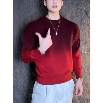 (免運)2025秋冬新款紅色漸變圓領套頭針織衫休閑風潮牌痞帥百搭男士毛衣