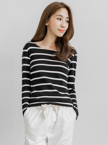 高含棉橫條紋彈性合身圓領上衣