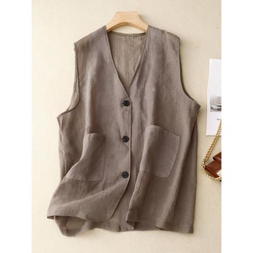 夏天薄款外穿棉麻馬甲女士純色簡約防曬開衫背心百搭麻料坎肩上衣
