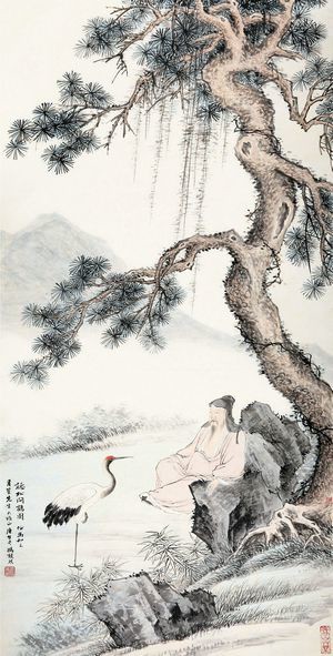 馮超然 庚午 聽松問鶴圖 30x59厘米 中國畫 復制微噴畫心