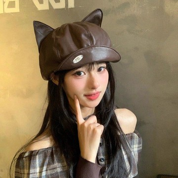日系復古PU皮質貓耳朵貝雷帽 八角帽 畫家帽 女帽子 貓帽子 甜酷可愛 大頭圍 秋季