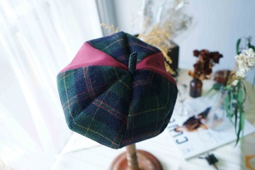 設計手作-英倫綠格紋酒紅拼接毛料南瓜貝雷帽