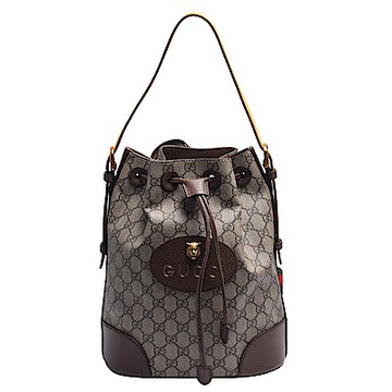 GUCCI 古馳 經典GG Supreme帆布印花皮革飾邊束口肩/後背水桶包(黃色)