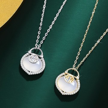 925純銀項鍊白玉髓吊墜-福牌平安如意鎖鋯石女飾品2色74cf43【獨家進口】【米蘭精品】