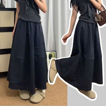 150KG胖妹妹大碼藏青色波點半身裙春夏薄款高腰顯瘦松緊拼接中長款裙子