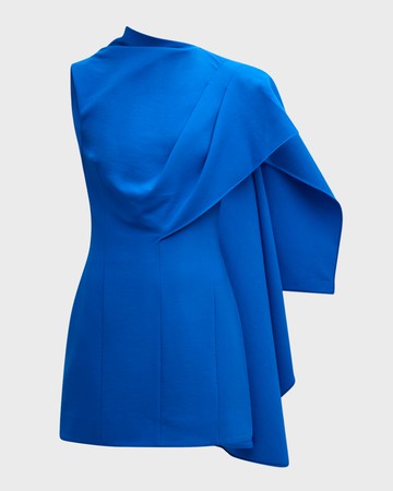 One Shoulder Cape Detail Stretch Wool Mini Dress