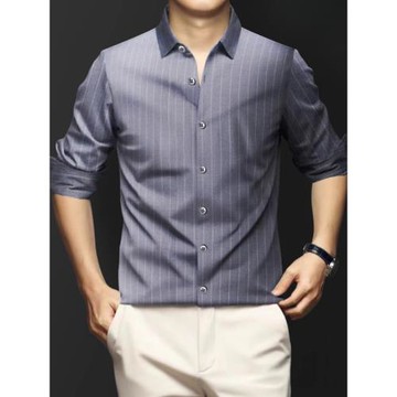 輕奢羊毛保暖襯衫保暖免燙抗皺男士襯衣長袖免燙抗皺條紋商務寸衫