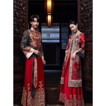 黑色秀禾服男裝酒紅色中式結婚禮服新郎接親服綢緞新款盤金繡和服