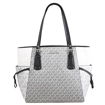 MICHAEL KORS VOYAGER 經典MK細閃印花皮革拼接雙層托特包(銀灰)