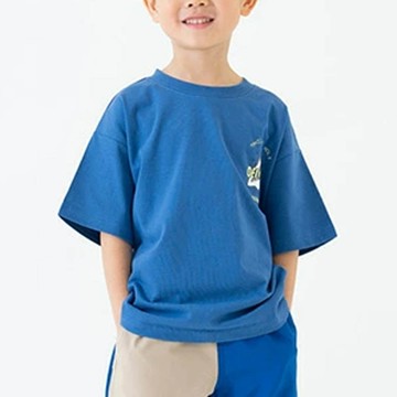 日本 petit main - 100%棉 夏季感印花短袖上衣-胸前鯊魚-寶藍