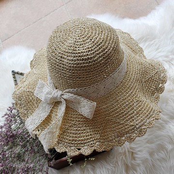 日系夏天女士鏤空草編帽子蕾絲蝴蝶結小清新防曬遮陽大檐草帽春秋1入