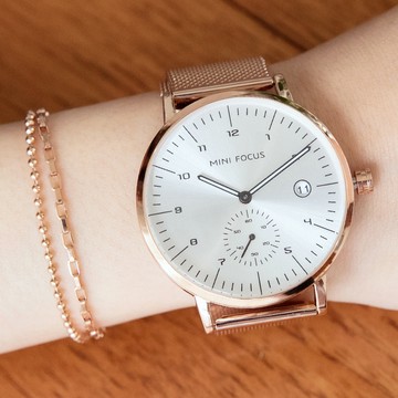 MINIFOCUS明日之詩日期顯示窗秒針單眼金屬米蘭鍊帶手錶【WMF0303】-白面玫金帶