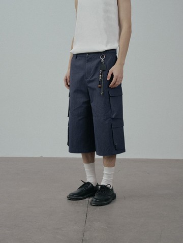 復古藏青色 多口袋直筒七分褲