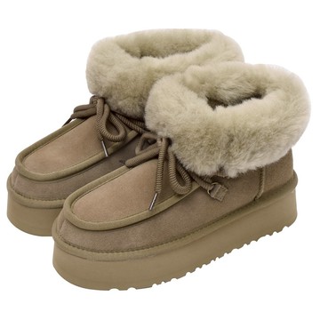 Ann’S防潑水鍍膜-真皮真羊毛低筒翻毛綁帶增高厚底雪靴4.5cm-綠(版型偏小)