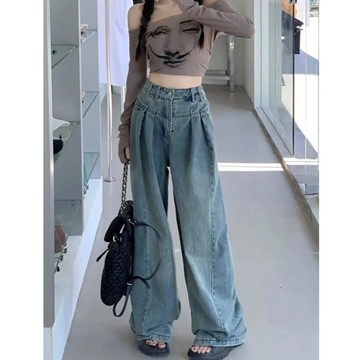 小個子牛仔褲港風闊腿牛仔褲女秋季新款復古高腰寬鬆遮肉顯瘦百搭直筒拖地褲森系洋氣闊腿高腰顯瘦牛仔褲 梨形身材短個子顯高長褲