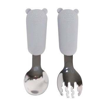 Sweet Lil' Monster 怪獸寶貝 熊熊不銹鋼叉匙隨行組 FDA抗菌不銹鋼 食品級矽膠 1組 氣質灰 Spoon Fork  幼兒湯匙 + 叉子