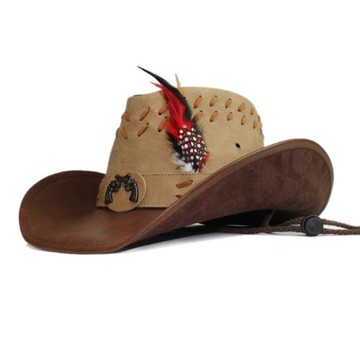做舊山雞羽毛裝飾復古皮革男女式大檐騎馬美國西部牛仔帽遮陽保暖