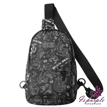【iSPurple】怪獸塗鴉＊休閒中性斜垮單肩包/黑