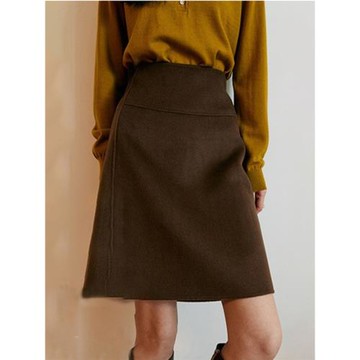 小眾設計感咖色毛呢半身裙女秋冬季小個子高腰A字短款配毛衣裙子