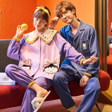 春秋情侶睡衣純棉長袖家居服可愛卡通睡衣女男士開衫可外穿家居服