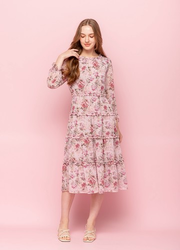 瑰甜時光印花層襬雪紡洋裝