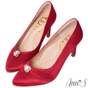 Ann’S茉莉公主-夢幻絲絹V口花型閃鑽尖頭高鞋婚鞋-紅