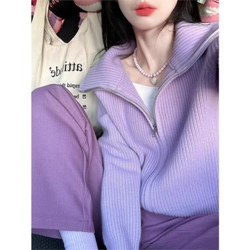 2025秋冬裝新款紫色翻領拉鏈毛衣外套女針織開衫內搭打底上衣加厚