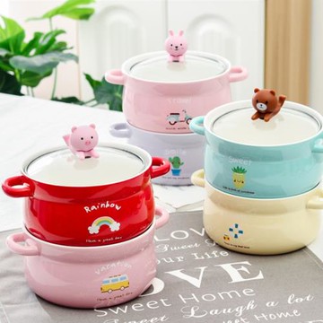 多美然韓式可愛卡通陶瓷泡面碗帶動物手機架學生宿舍家用面碗帶蓋