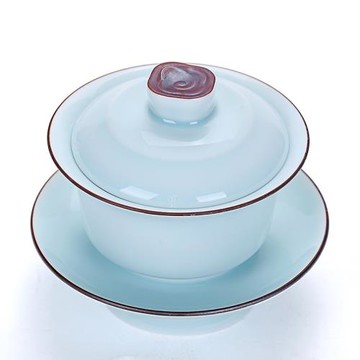 功夫茶具手繪線條青瓷蓋碗陶瓷脂白大號茶碗三才碗三才杯泡茶碗