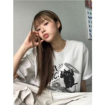 💮爆款直降價💮  T恤  短袖 寬鬆上衣 夏裝  純棉短袖T恤設計感嘻哈擊中靶心小貓印花韓版寬鬆半袖情侶上衣潮