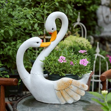 庭院裝飾 花園布置擺件創意樹脂天鵝花缸擺件戶外仿真動物花盆