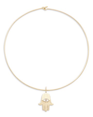 Jennifer Zeuner Sari White Sapphire Hamsa Pendant Choker Necklace in 14K Yellow Gold Over Sterling Silver, 14
