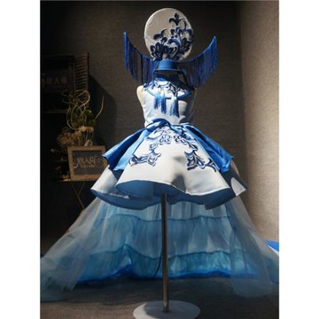 兒童青花瓷中國風禮服女童拖尾走秀新年模特走秀表演演出服