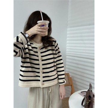 韓系穿搭外套女秋冬小香風條紋法式針織開衫別致高級感超好看毛衣