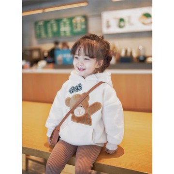 AnnieGirl女童秋冬新款加絨加厚保暖卡通連帽小熊可愛休閑衛衣