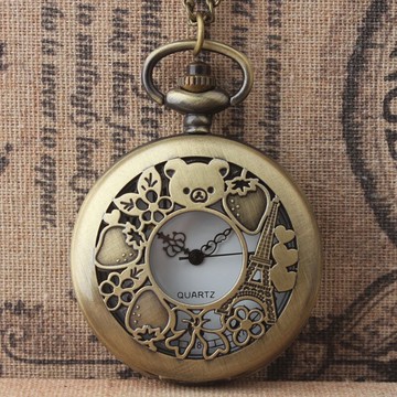 可愛輕松熊鏤空翻蓋石英懷表 男女同學兒童禮品表 生日禮物 掛表