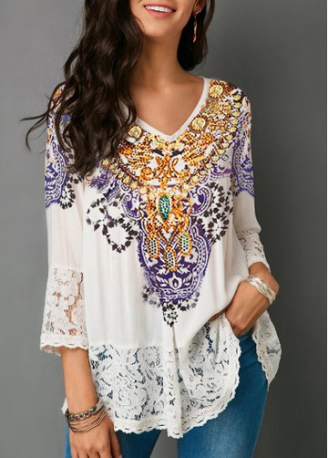 V Neck Lace Patchwork White Blouse