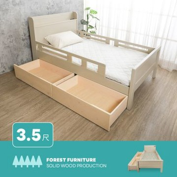 Boden-森林家具 達恩3.5尺單人置物型護欄實木床架/兒童床組-收納抽屜型/附插座