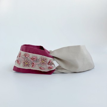 現貨日本刺繡緞帶 藕粉五瓣花葉子 桃色 奶茶色 日本布 交叉髮帶