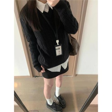韓系黑色慵懶軟糯麻花V領毛衣女秋冬復古疊穿內搭長袖針織衫上衣