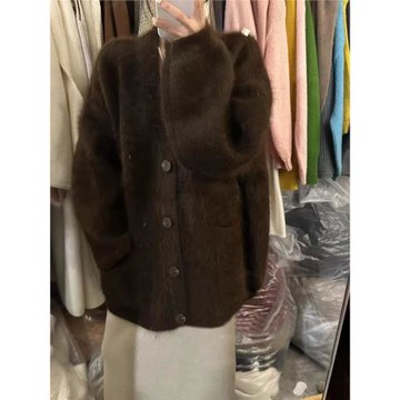 美拉德風咖啡色水貂絨毛衣外套女秋冬中長款加厚寬松針織開衫上衣